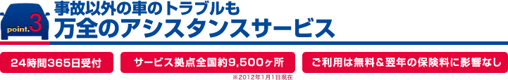 事故以外の車のトラブルも万全のアシスタンスサービス　[24時間365日受付][サービス拠点全国約9,500ヶ所][ご利用は無料＆翌年の保険料に影響なし]