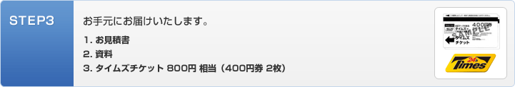 STEP3:お手元にお届けします。1.お見積書2.資料3.タイムズチケット800円相当(400円券2枚)