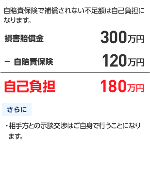 自賠責保険で補償されない不足額は自己負担になります。 損害賠償金300万円 - 自賠責保険120万円 自己負担 180万円 さらに ・相手方との示談交渉はご自身で行うことになります。