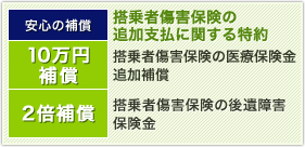 安心の補償 10万円補償 2倍補償 搭乗者傷害保険の追加支払に関する特約 搭乗者傷害保険の医療保険金追加補償 搭乗者傷害保険の後遺障害保険金