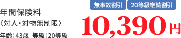 年間保険料〈対人・対物無制限〉 無事故割引 20等級継続割引 年齢:43歳 等級:20等級 10,390円