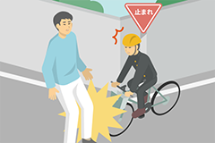 お子さまが自転車で通学中、歩行者にぶつかり、相手にケガをさせてしまった。