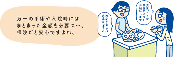 万一の手術や入院時にはまとまった金額も必要に・・・。保険だと安心ですよね。