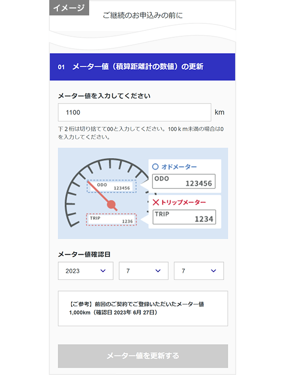 「ご継続のお申込みの前に（メーター値の入力）」画面