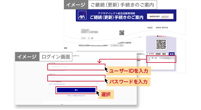 イメージ：ご継続（更新）手続きのご案内・イメージ：ログイン画面