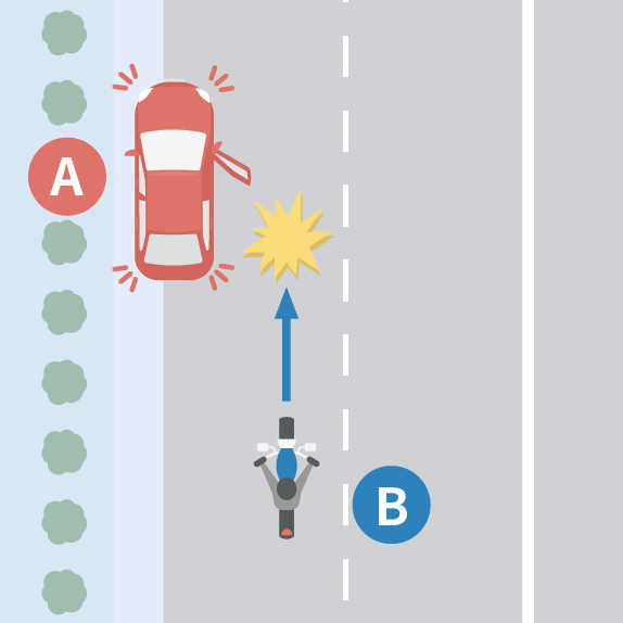 停車中の四輪車が開けたドアが四輪車の右側を走行してきた二輪車に接触