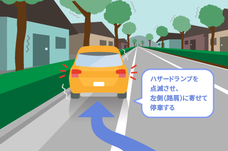 ハザードランプを点滅させ、左側（路肩）に寄せて停車する