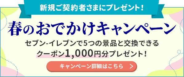 新規ご契約者さまにプレゼント！ 春のおでかけキャンペーン セブン-イレブンで5つの景品と交換できるクーポン1,000円分プレゼント！ ※パッケージが異なる場合がございます キャンペーン詳細はこちら
