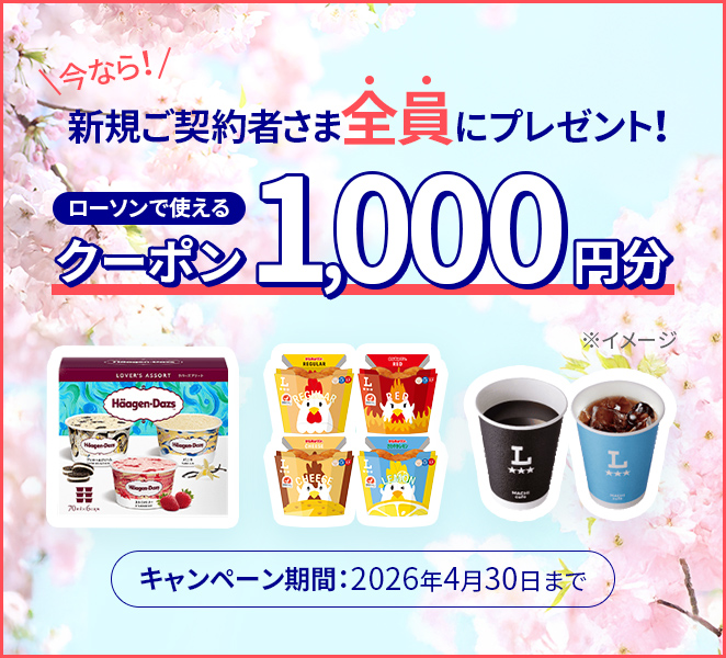 今なら！新規ご契約者さま全員にプレゼント！ ローソンで使えるクーポン1,000円分 キャンペーン期間：2026年4月30日まで