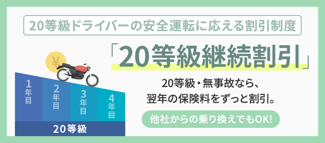 20等級ドライバーの安全運転に応える割引制度「20等級継続割引」20等級・無事故なら、翌年の保険料をずっと割引。他社からの乗り換えでもOK！