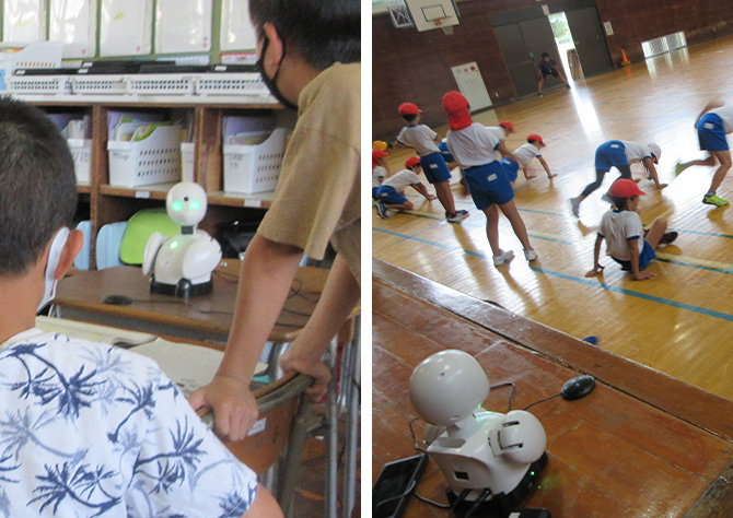 分身となったロボットが授業に参加。友だちとの会話を楽しみ、体育を見学