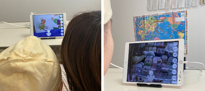 病院から分身ロボットで絵本の読み聞かせ（左）と、リモートでのお買い物体験を楽しむ（右）