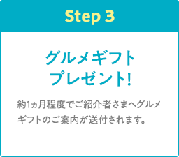 Step3 グルメギフトプレゼント！約1ヵ月程度でご紹介者さまへグルメギフトのご案内が送付されます