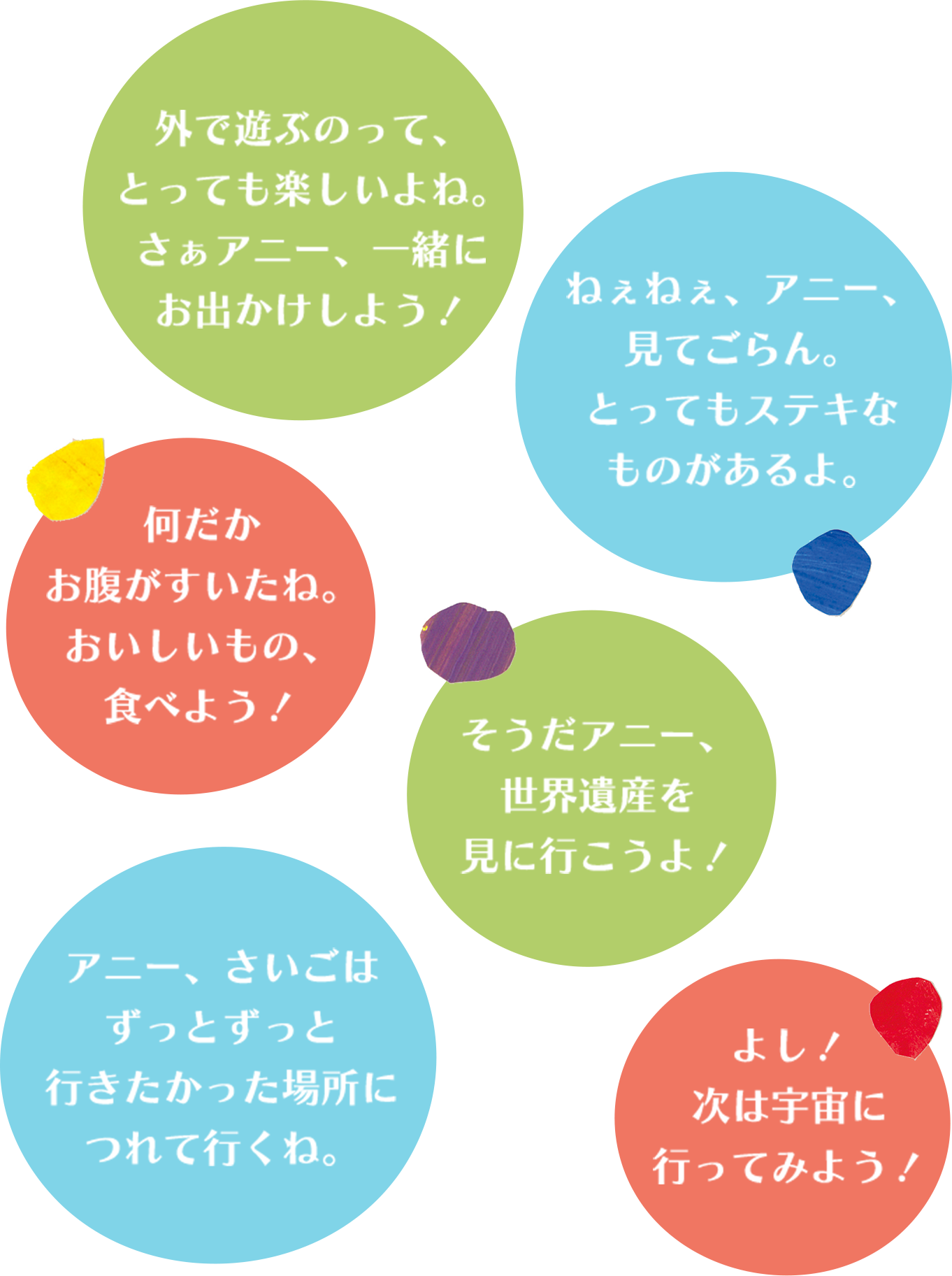 外で遊ぶのって、とっても楽しいよね。さぁアニー、一緒にお出かけしよう！ ねぇねぇ、アニー、見てごらん。とってもステキなものがあるよ。 何だかお腹がすいたね。おいしいもの、食べよう！ そうだアニー、世界遺産を見に行こうよ！ よし！次は宇宙に行ってみよう！ アニー、さいごはずっとずっと行きたかった場所につれて行くね。