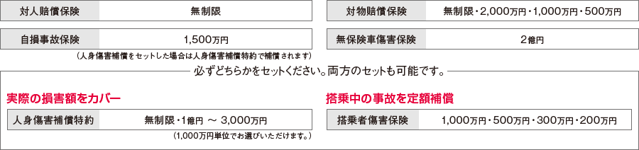 対人賠償保険：無制限　対物賠償保険：無制限・2,000万円・1,000万円・500万円　自損事故保険：1,500万円（人身傷害補償をセットした場合は人身傷害補償特約で補償されます）　無保険車傷害保険：2億円　必ずどちらかをセットください。両方のセットも可能です。　実際の損害額をカバー 人身傷害補償特約：無制限・1億円〜3,000万円（1,000万円単位でお選びいただけます。）　搭乗中の事故を定額補償 搭乗者傷害保険：1,000万円・500万円・300万円・200万円