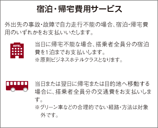 宿泊・帰宅費用サービス　外出先の事故・故障で自力走行不能の場合、宿泊・帰宅費用のいずれかをお支払いいたします。　当日に帰宅不能な場合、搭乗者全員分の宿泊費を1泊までお支払いします。 ※原則ビジネスホテルクラスとなります。　当日または翌日に帰宅または目的地へ移動する場合に、搭乗者全員分の交通費をお支払いします。　※グリーン車などの合理的でない経路・方法は対象外です。