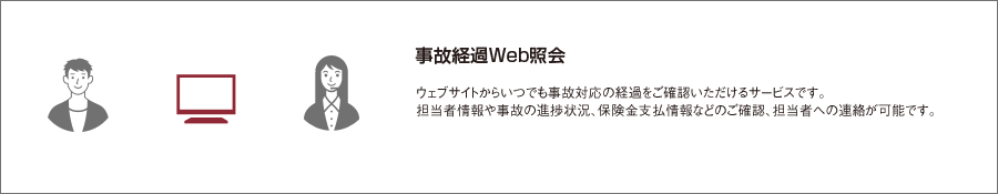 事故経過Web照会　ウェブサイトからいつでも事故対応の経過をご確認いただけるサービスです。担当者情報や事故の進捗状況、保険金支払情報などのご確認、担当者への連絡が可能です。