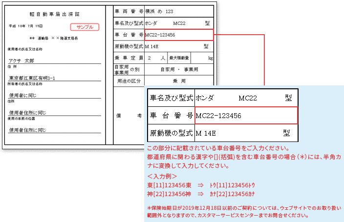 軽自動車届出済証サンプル 車台番号 自動車保険のアクサダイレクト