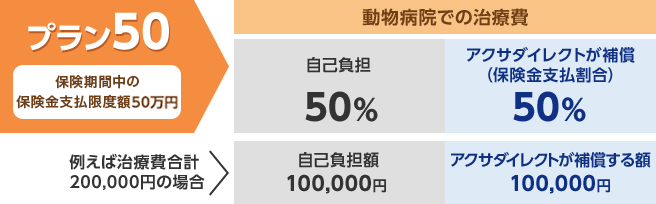 プラン50 保険期間中の保険金支払限度額50万円 動物病院での治療費 自己負担50% アクサダイレクトが補償(保険金支払割合)50% 例えば治療費合計200,000円の場合 > 自己負担額100,000円 アクサダイレクトが補償する額100,000円