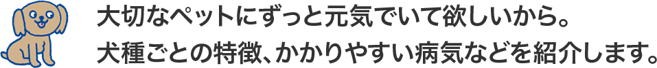 大切なペットにずっと元気でいて欲しいから。<br>犬種ごとの特徴、かかりやすい病気などを紹介します。