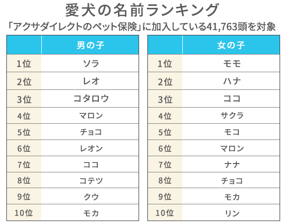 最新21年版 犬の人気の名前ランキングをオス メス別に発表 アクサダイレクト