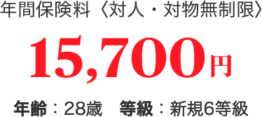 年間保険料〈対人・対物無制限〉 年齢:28歳 等級:新規6等級 15,700円