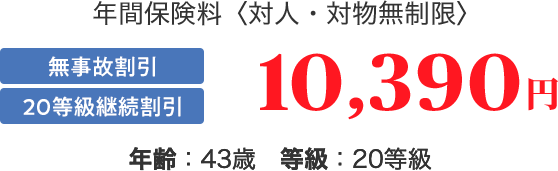 年間保険料〈対人・対物無制限〉 無事故割引 20等級継続割引 年齢:43歳 等級:20等級 10,390円
